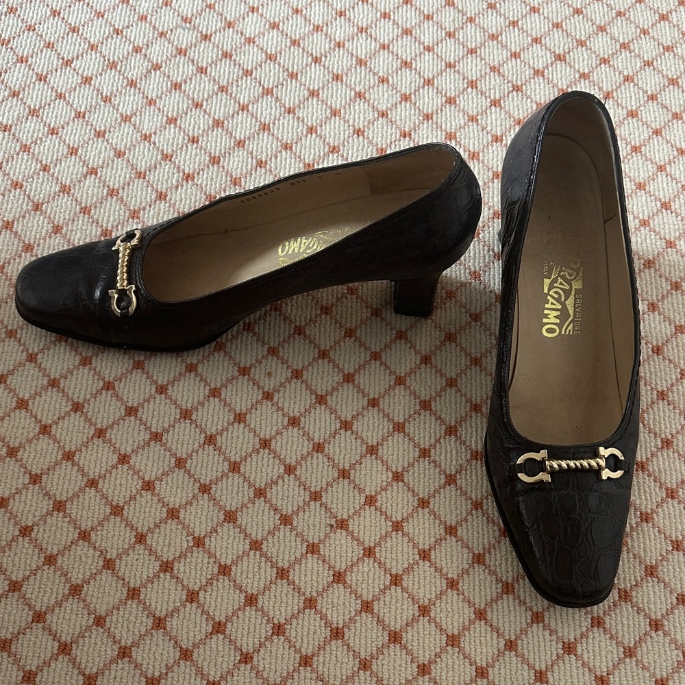 Salvatore Ferragamo Black Croc-Embossed Heels with Gold Accent
